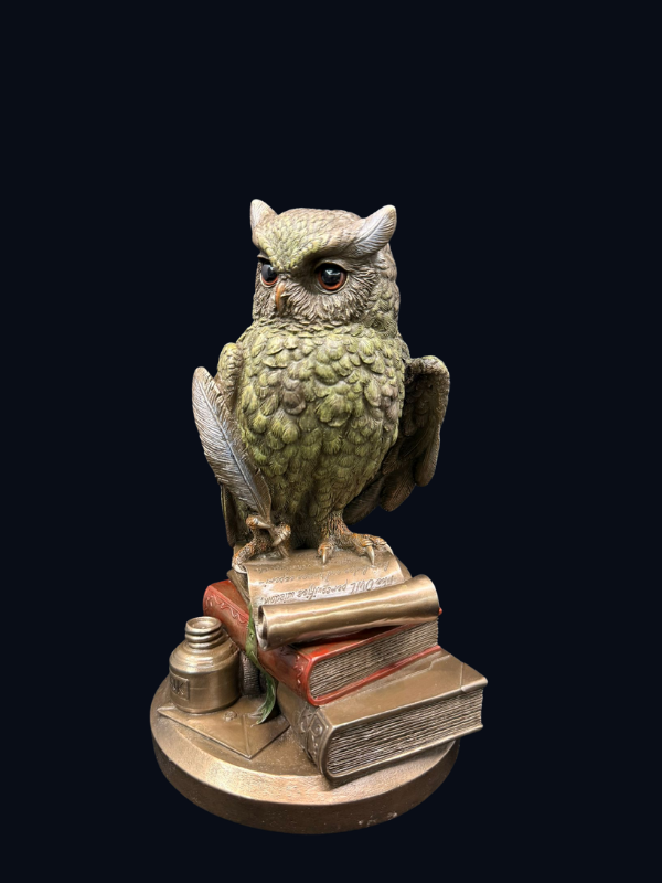 baykuş biblo, dekoratif kuş figürü, kitap üstü baykuş, tüy kalem biblo, bronz baykuş heykeli, entelektüel dekorasyon, klasik biblo, ofis süsü, öğretmene hediye, kitaplık aksesuarı, bilgelik sembolü, anlamlı dekor objesi, aydınartshop